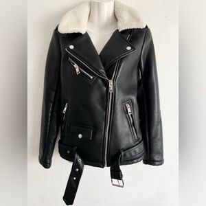 Women's Black Leather Jacket with White Collar